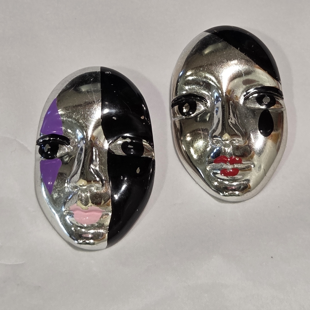 80s Vintage Pair Of Acrylic Plastic Silver Painted Harlequin Mask Brooches